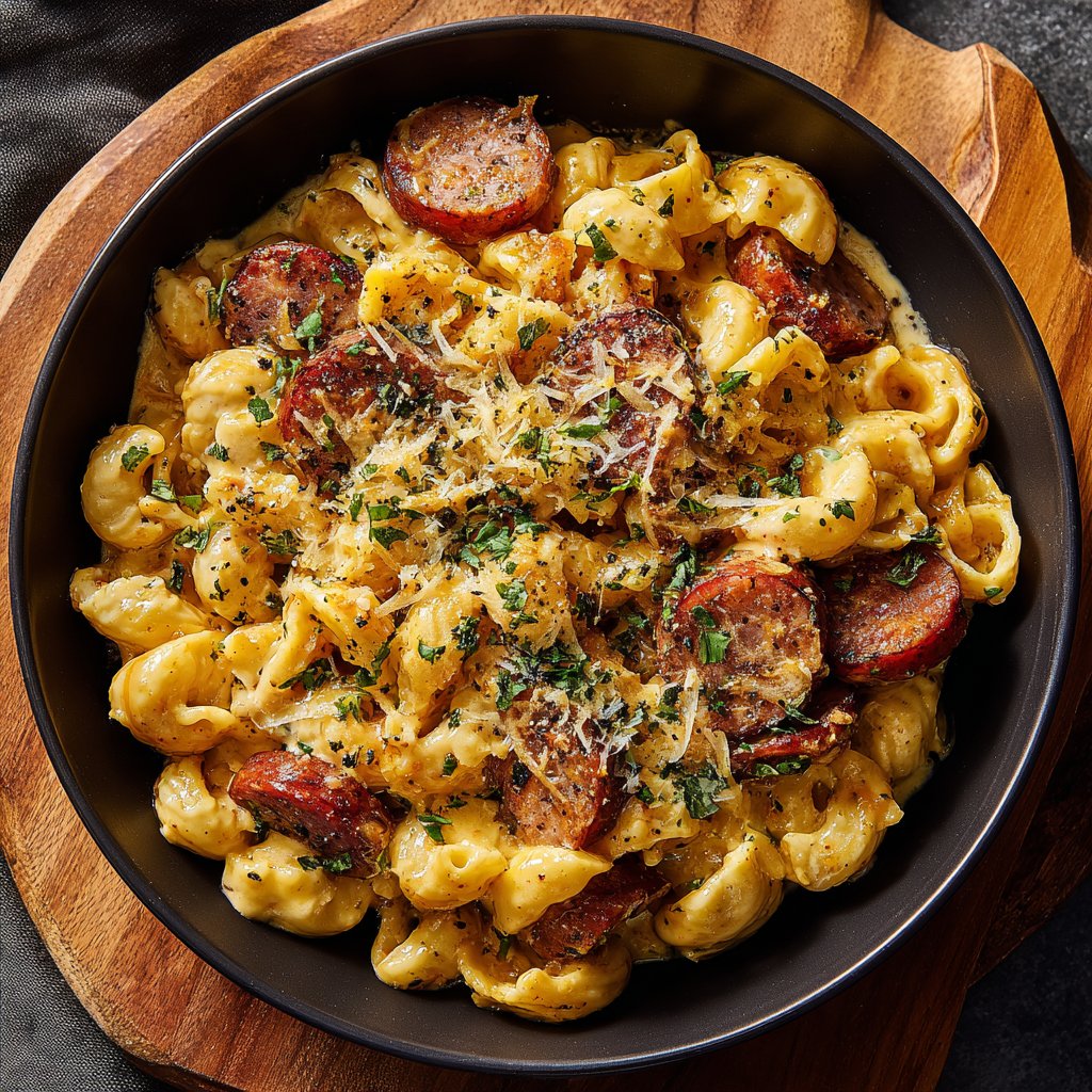 One Pot Creamy Cajun Sausage Pasta with Cheddar