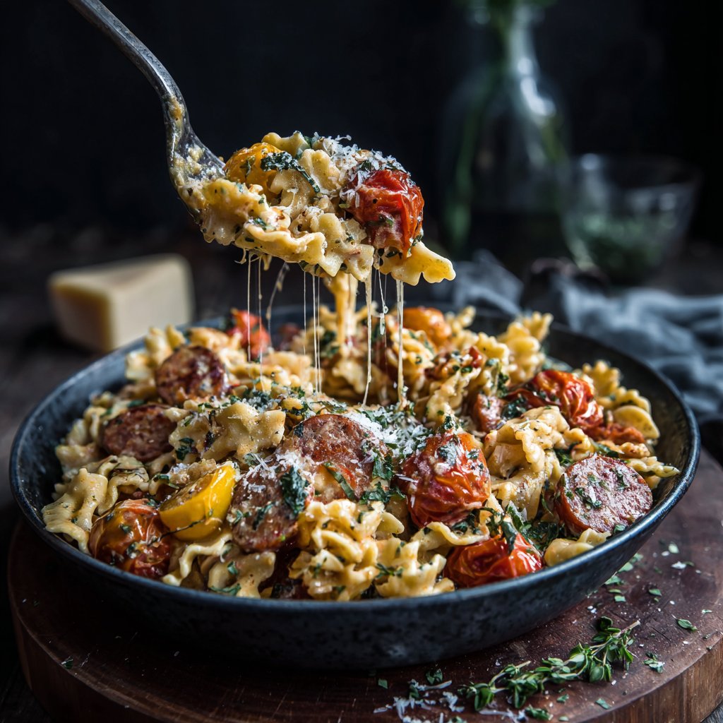 One Pot Cajun Sausage Pasta with Roasted Cherry Tomatoes