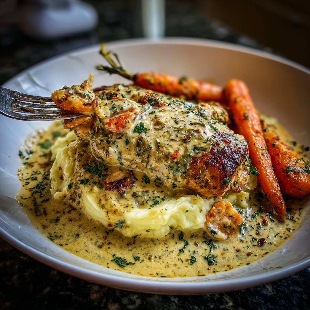 Creamy Herb Chicken with Mashed Potatoes and Roasted Carrots